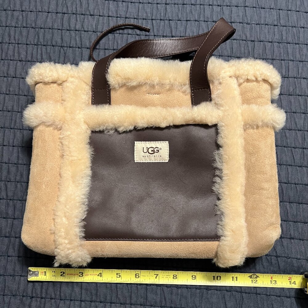UGG Beige Suede & Sherpa Purse, Fur Lining w/ Brown Leather Trim - EUC